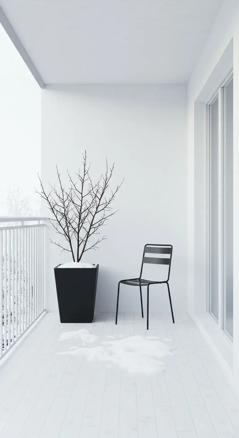 Minimalist white balcony with a single black planter, a bare tree, and a black chair.