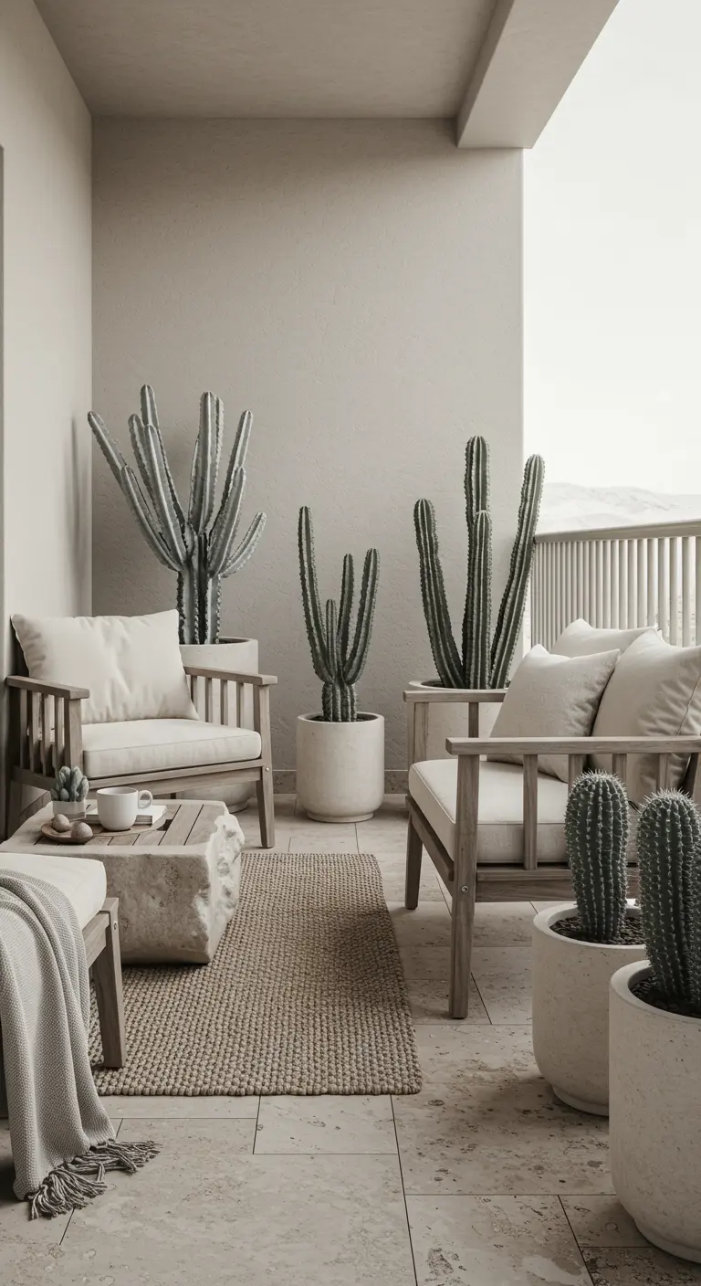 A serene balcony with light wood furniture, stone-colored planters, and silvery-blue cacti.