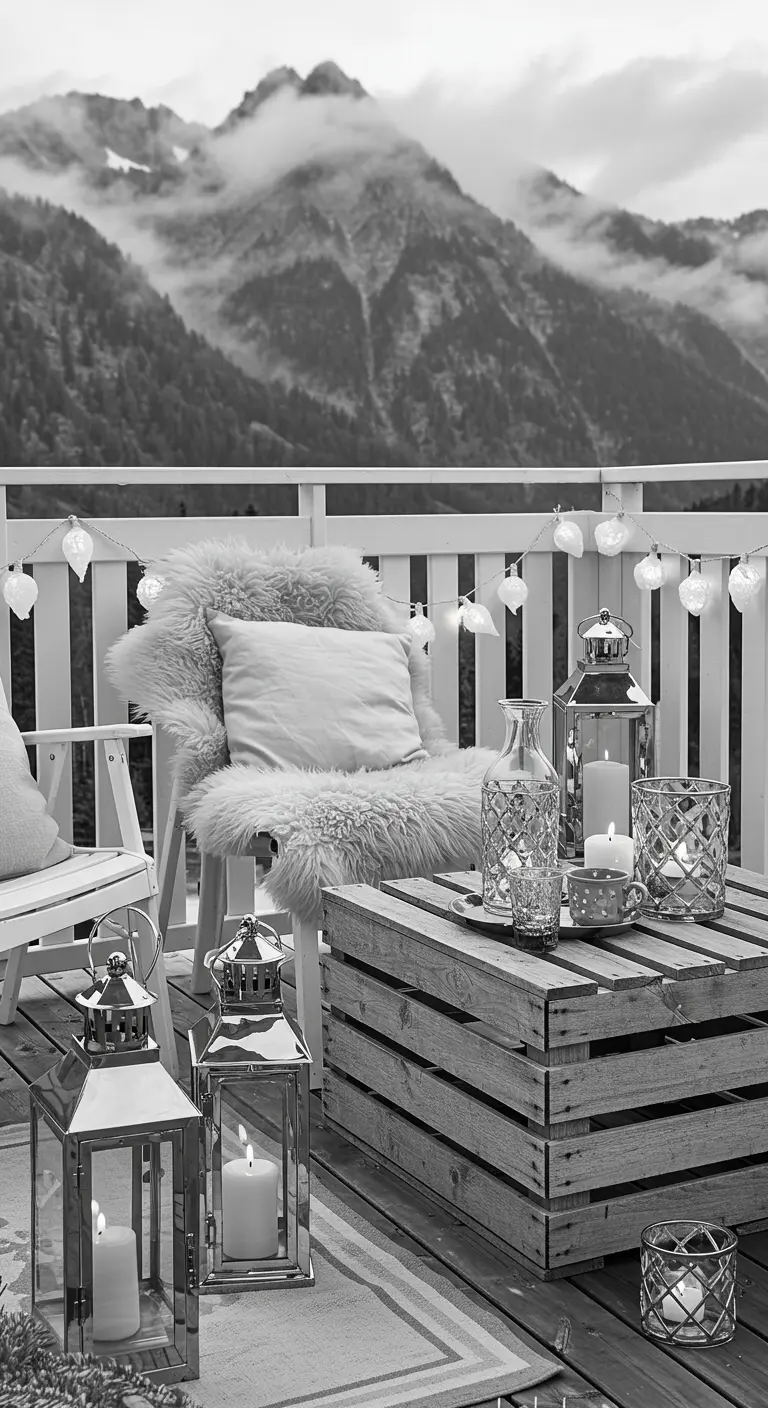 Black and white photo of a balcony chair with fur, lanterns, and a crate table.