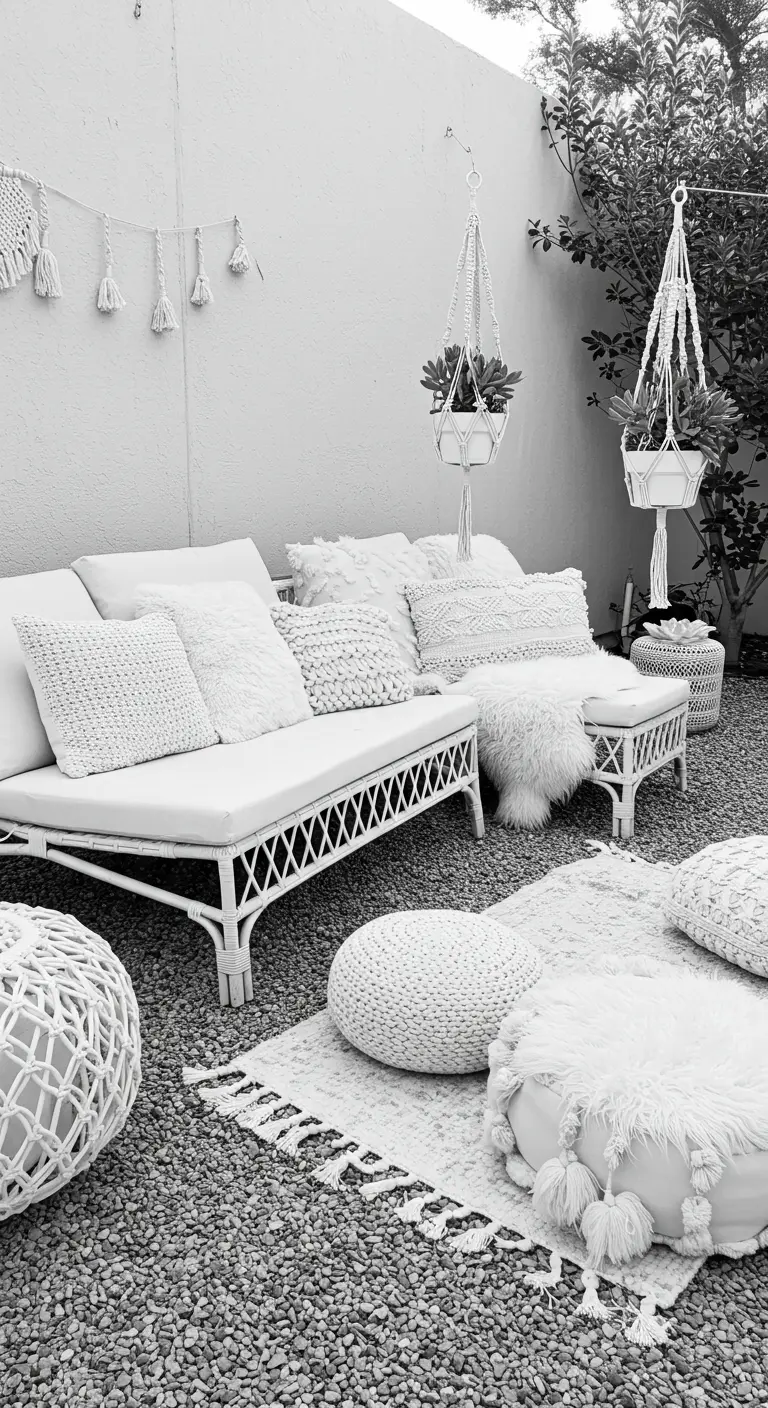 A black and white photo of a rattan daybed covered in textured white pillows.