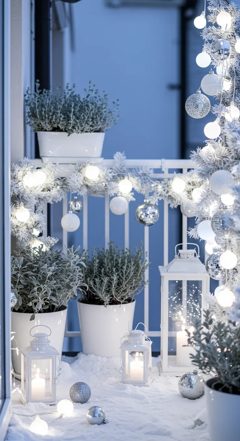 An all-white balcony scene with flocked garland, white lanterns, and silver baubles.