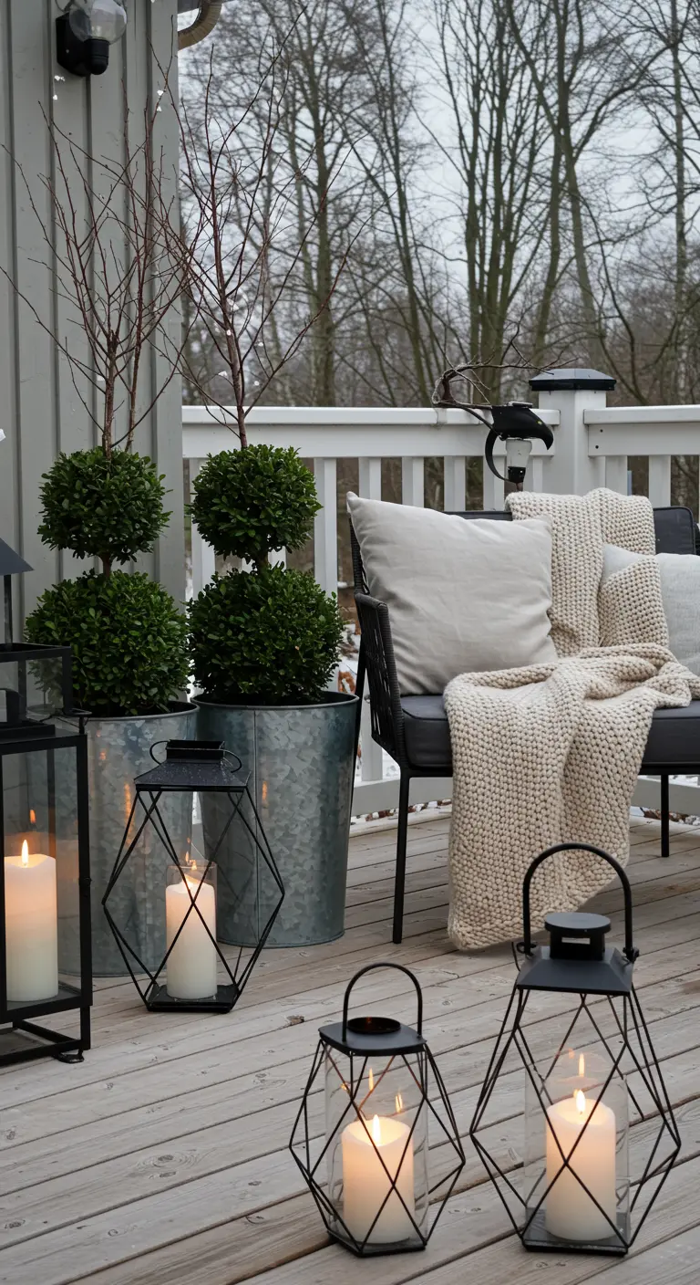 Modern deck with geometric lanterns, a cream knit blanket, and boxwood topiaries in pots.