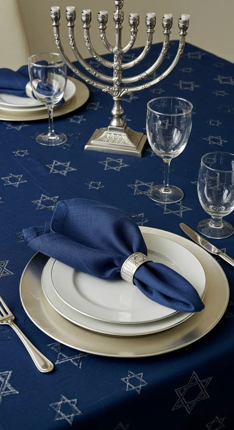 A Hanukkah table with a navy blue tablecloth featuring a silver Star of David pattern.