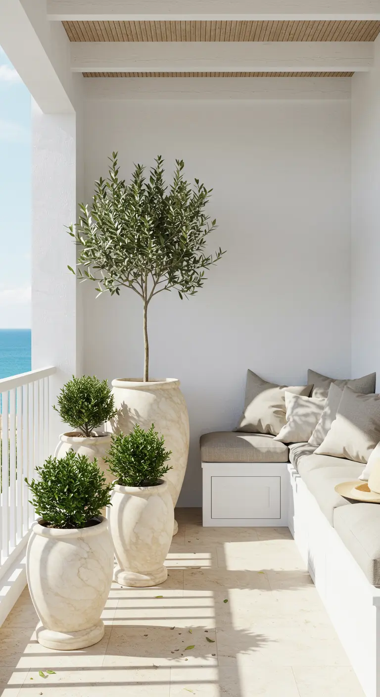 A sunny coastal balcony with creamy marble pots, olive trees, and beige cushions.