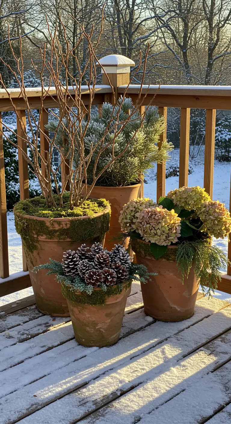 A cluster of three mossy terracotta pots with winter arrangements in the snow.