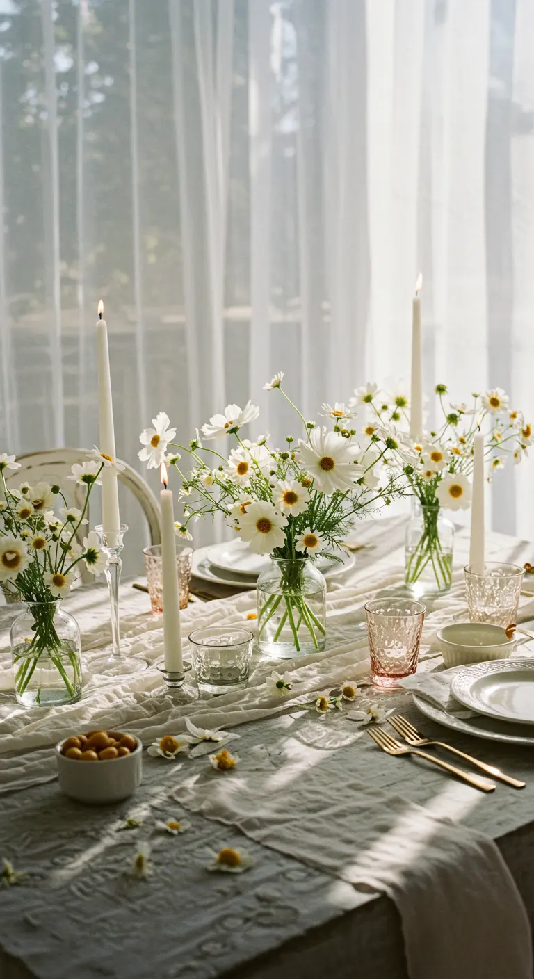 A sunlit table with daisies in glass jars, crinkled linen, and gold cutlery.