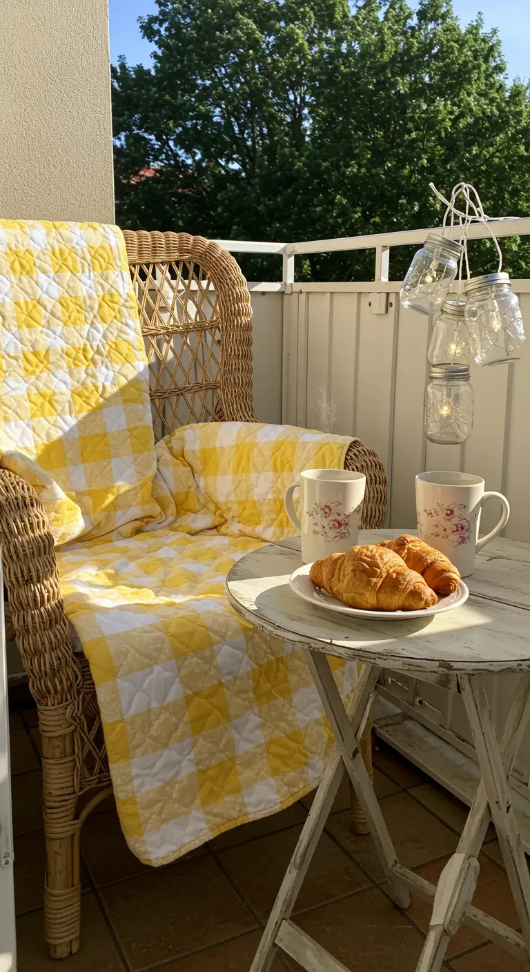 Sunny balcony with a wicker chair, a yellow gingham quilt, and a table with croissants.