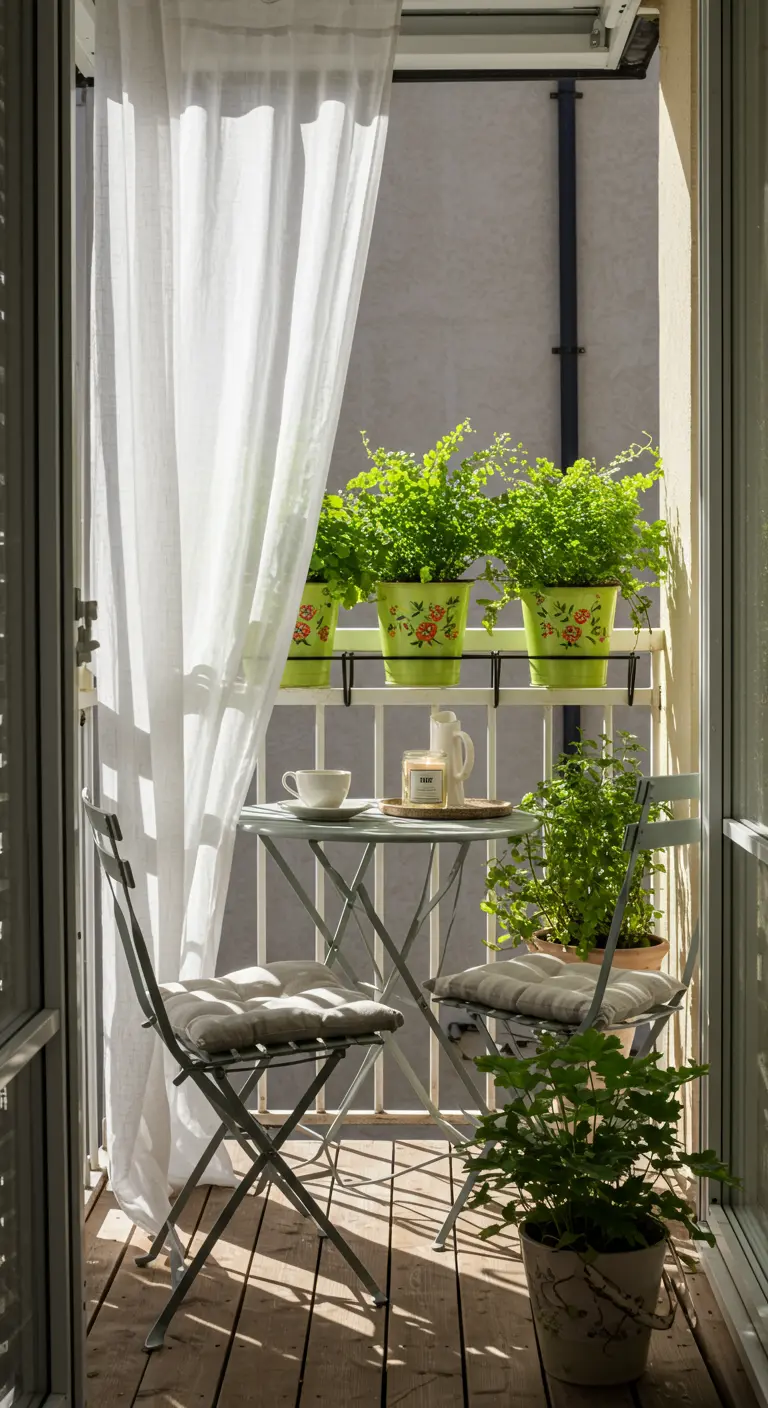 Small balcony with a bistro set, sheer curtain, and ferns in painted green pots.