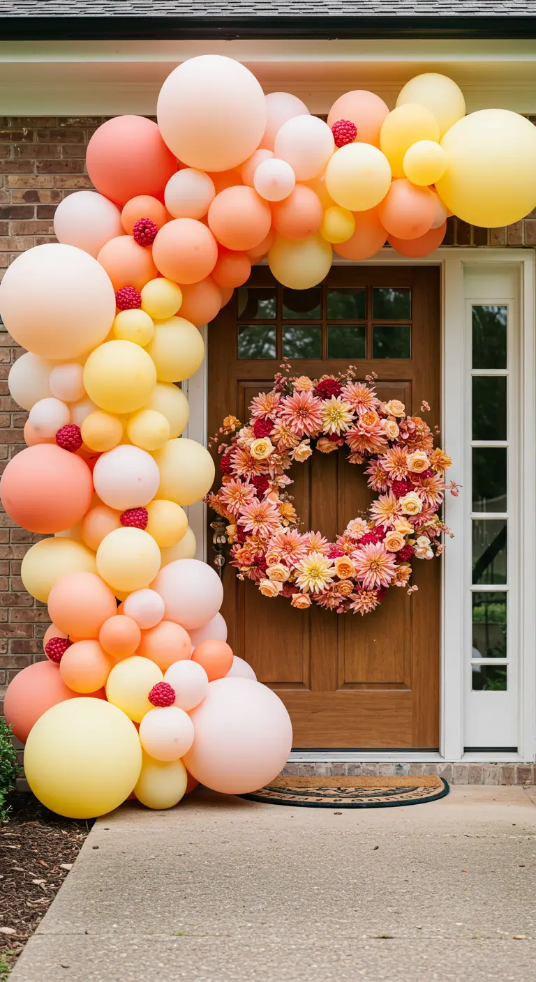 A balloon arch in shades of peach and yellow framing a front door with a matching floral wreath.