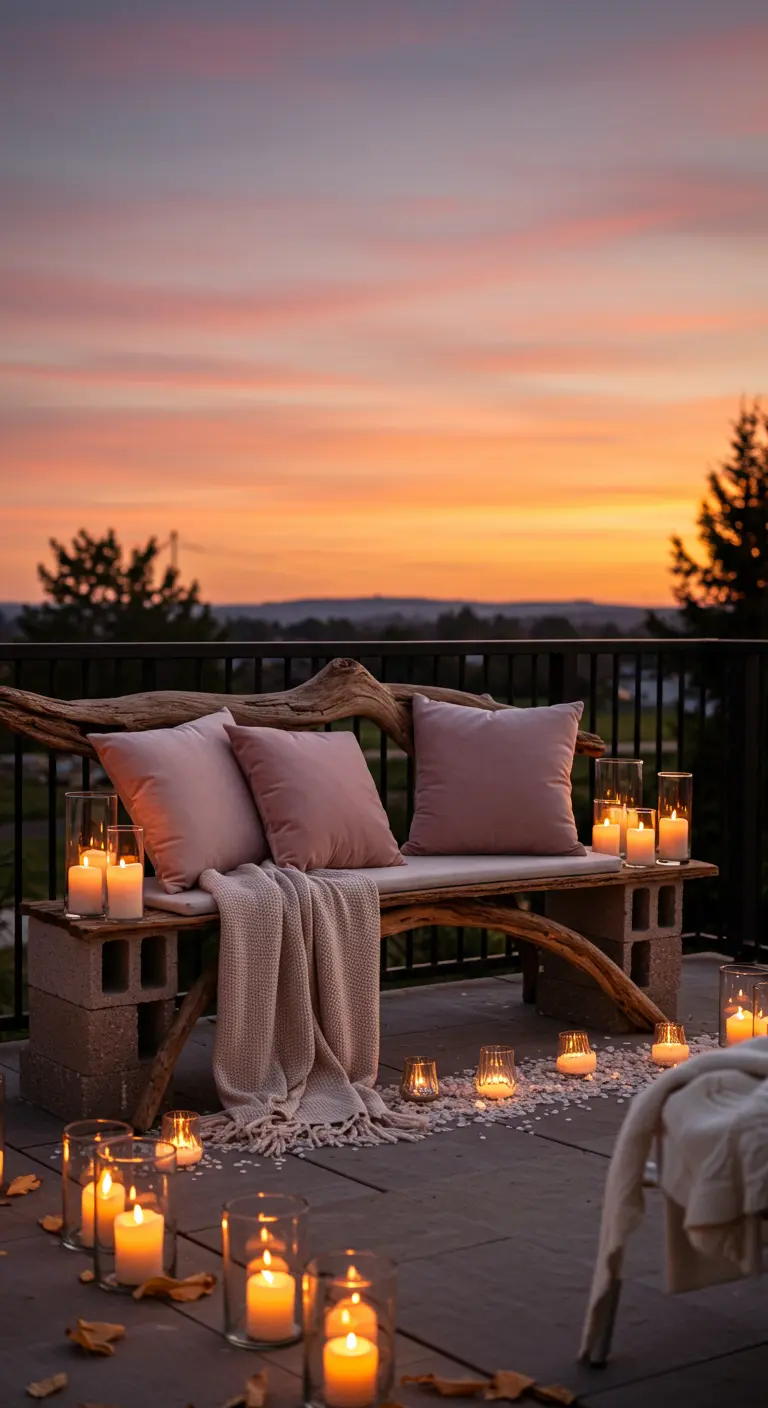 A driftwood bench on a balcony at sunset, surrounded by dozens of candles in glass holders.