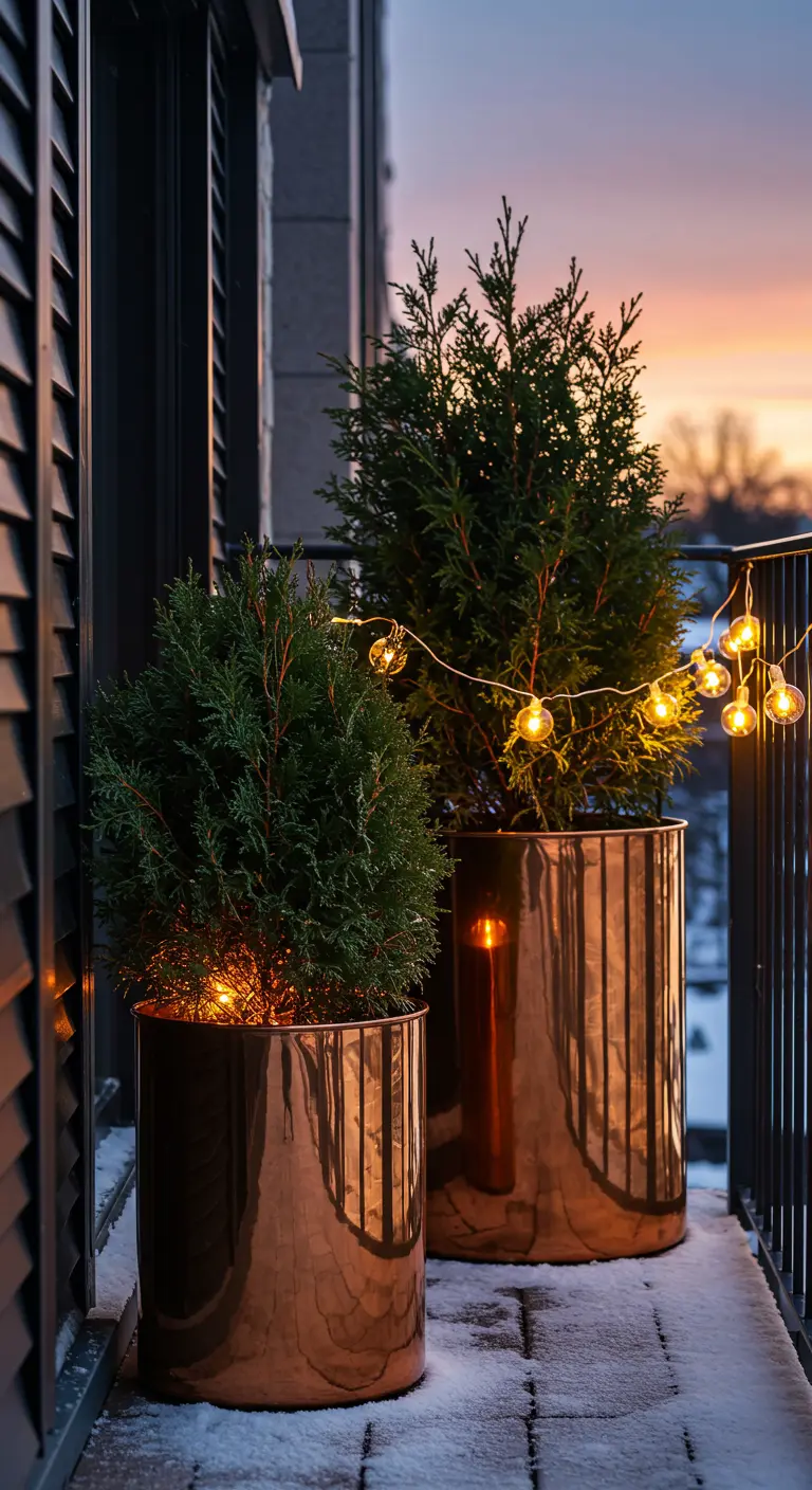 Two shiny copper planters holding small evergreen shrubs on a snowy balcony at sunset.