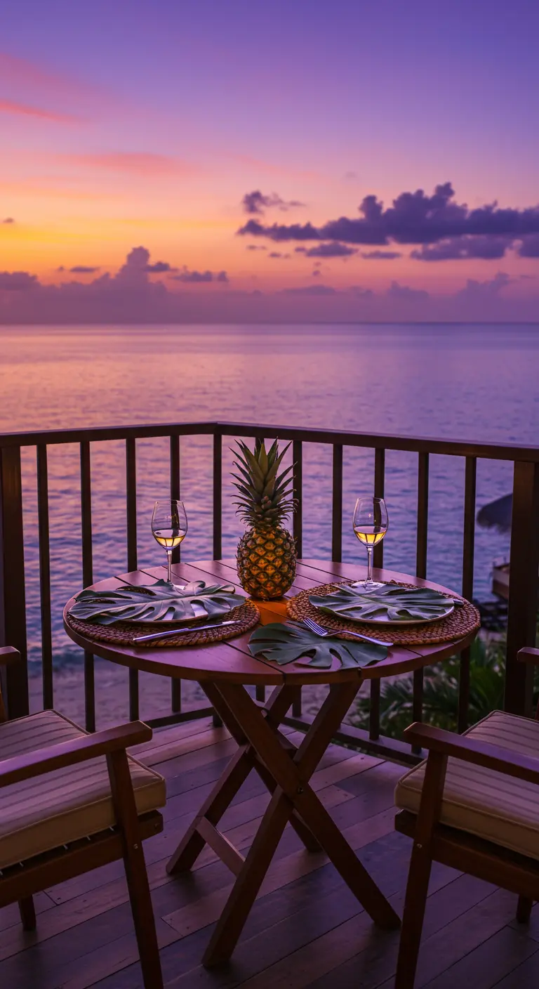 A small balcony table for two with a pineapple centerpiece overlooking a sunset sea