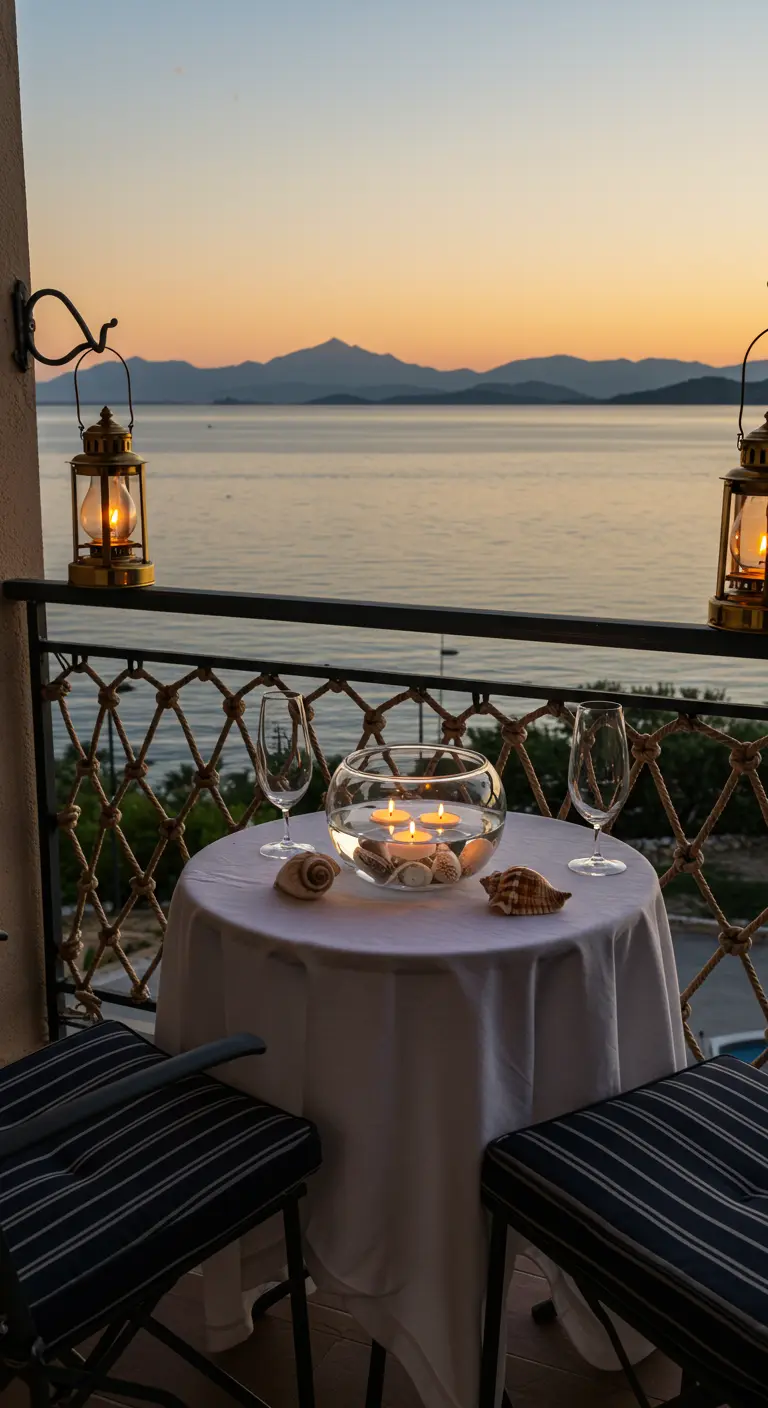 A romantic balcony table for two with floating candles and lanterns overlooking the water.