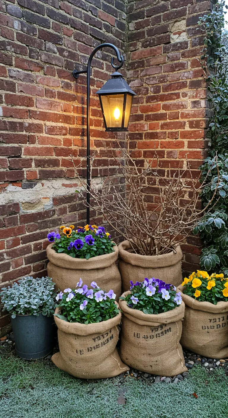 Burlap sack planters with colorful pansies and a hanging lantern on a hook against a brick wall.