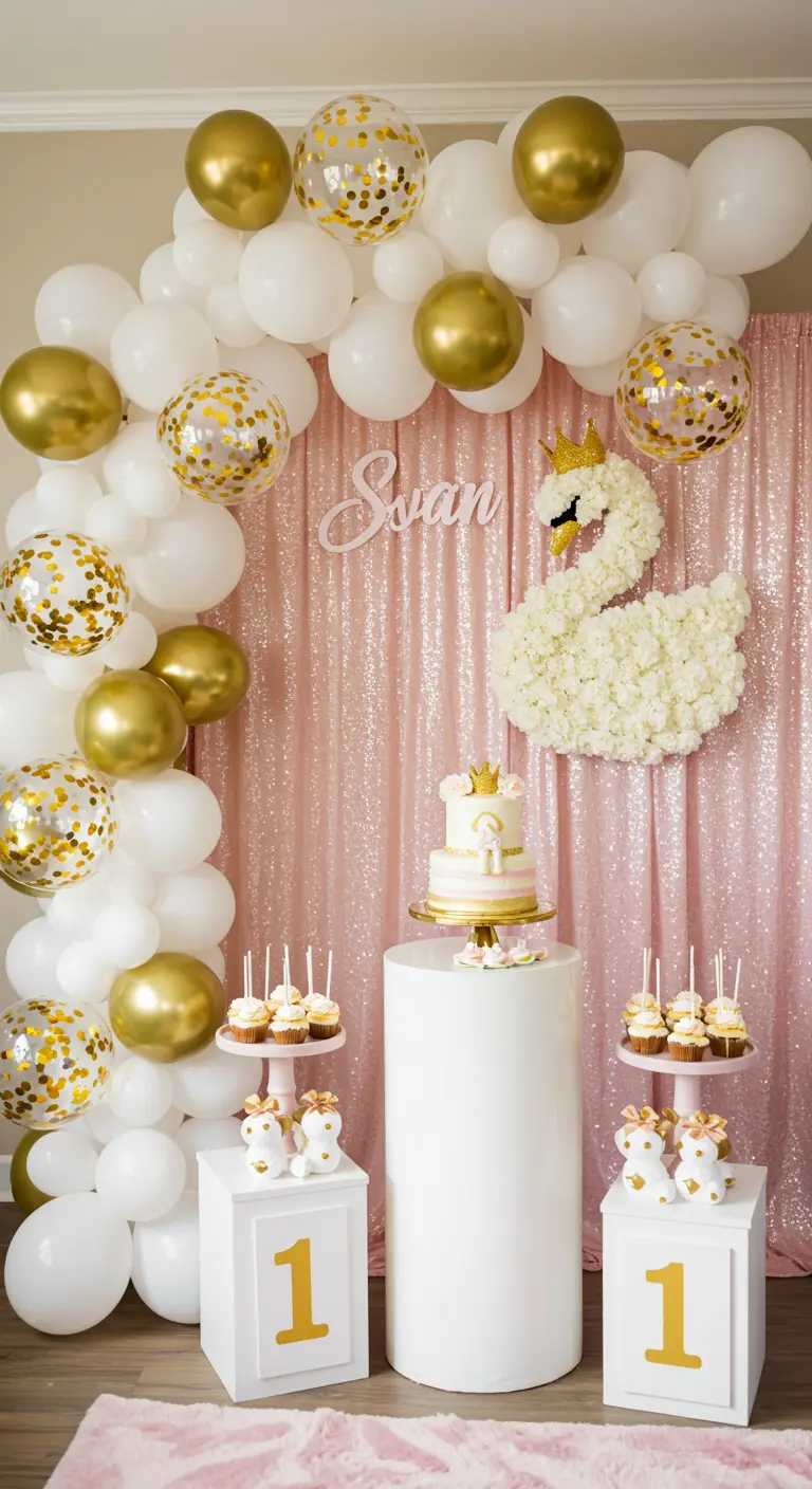 A swan-themed party with a white and gold balloon arch, sequin backdrop, and a swan made of flowers.