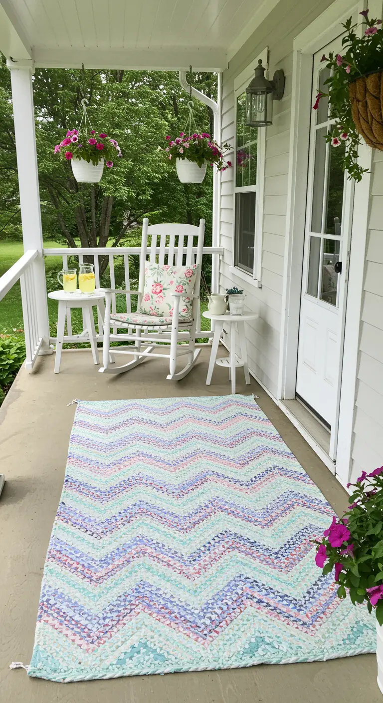 A welcoming front porch with a pastel-colored chevron rug and a white rocking chair.