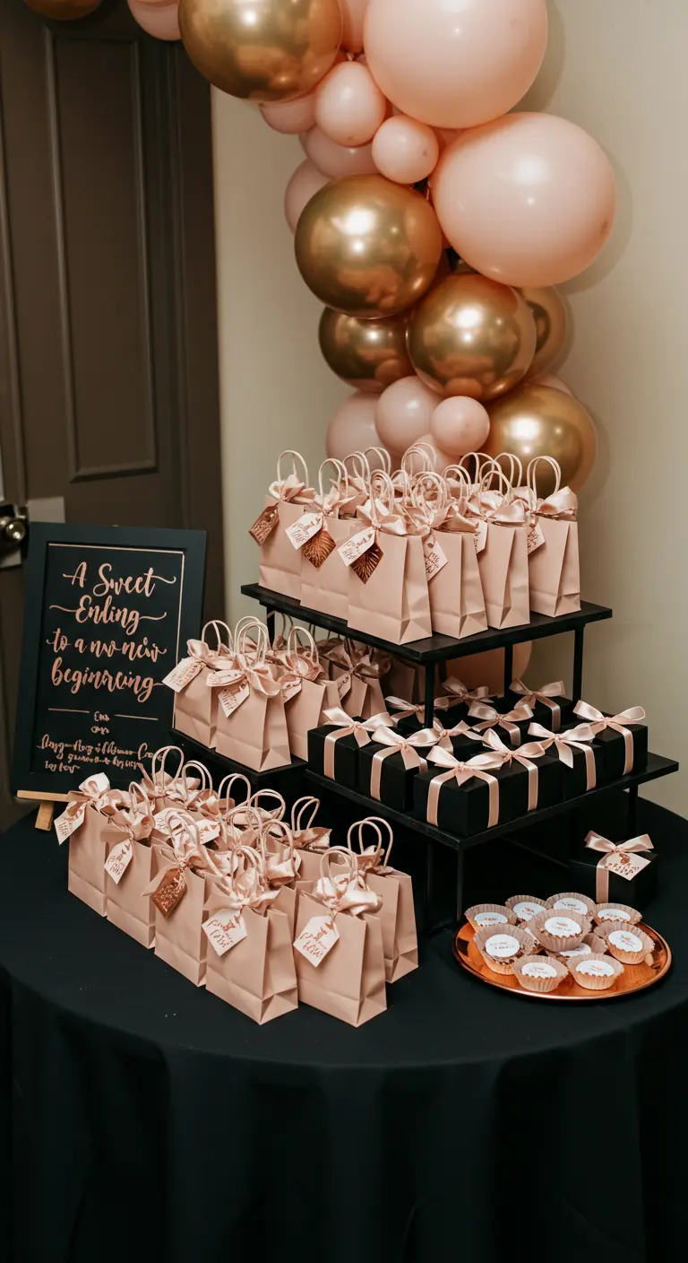 A favor station with tiered displays of blush and black gift bags and boxes.