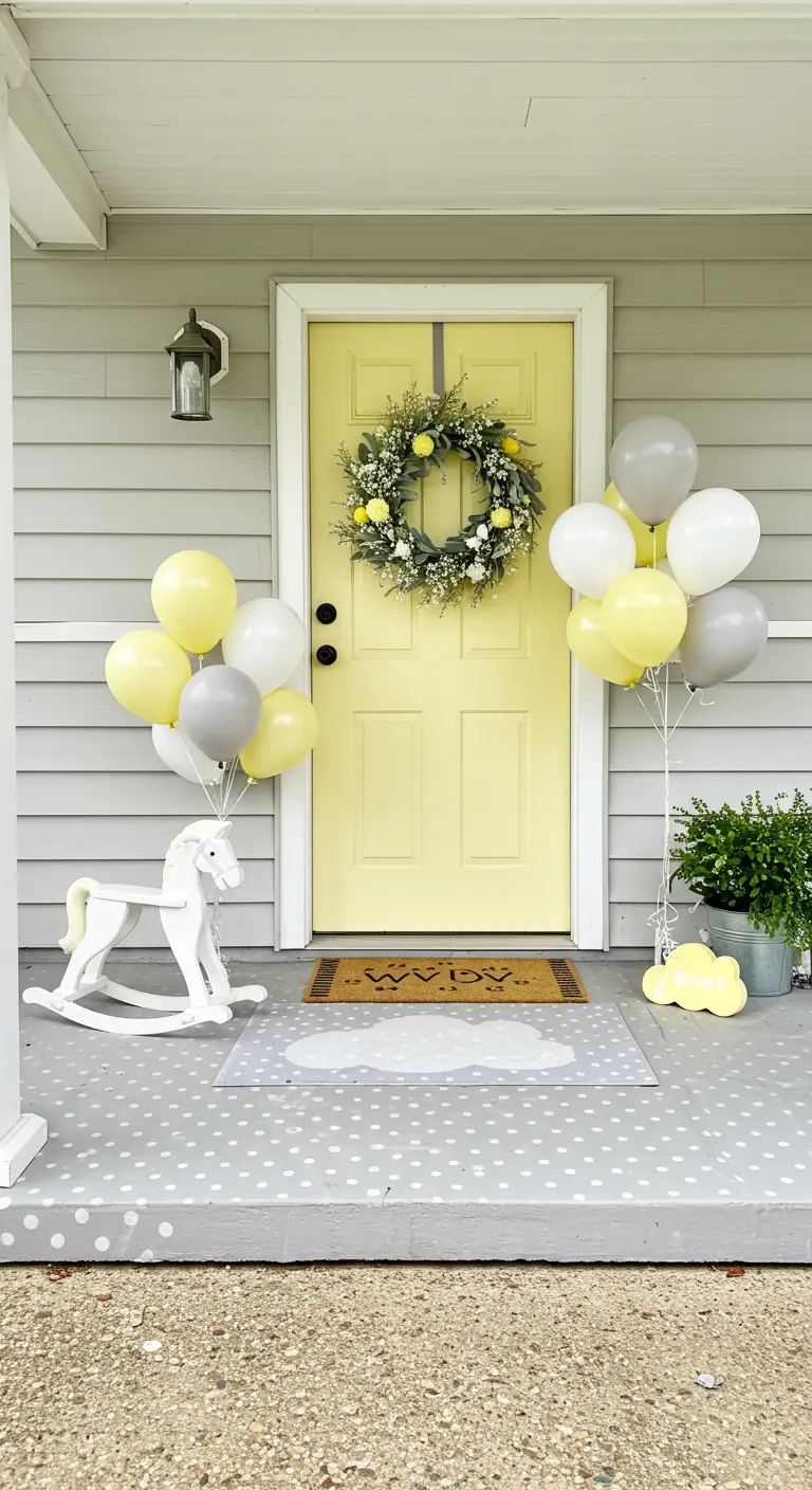 Yellow door with a baby shower theme, including balloons and a rocking horse.