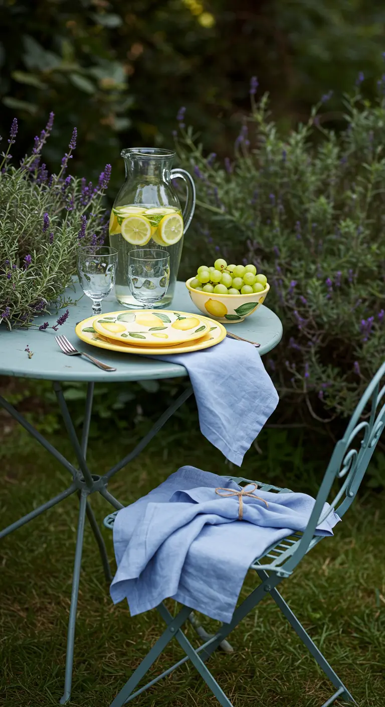A small blue bistro table in a garden set for two with lemon-themed plates.