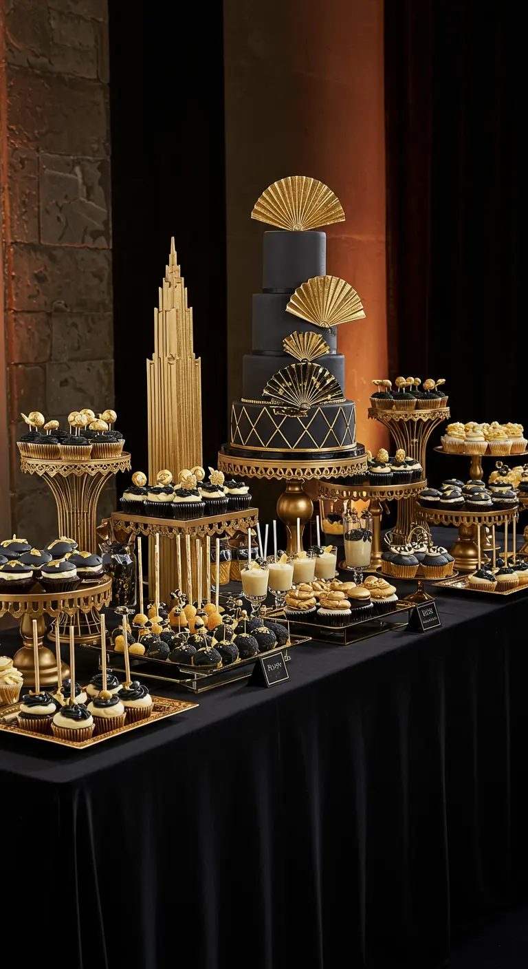 An elaborate Art Deco dessert table with a skyscraper cake, cupcakes, and black and gold treats.