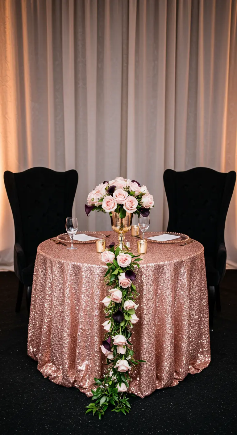 A romantic table for two with a rose gold sequin tablecloth and a cascading floral centerpiece.