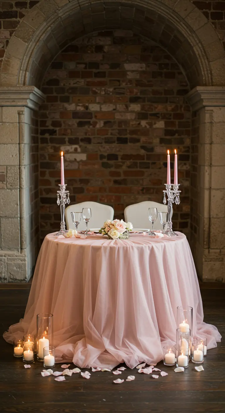 A romantic sweetheart table for two with a flowing blush tulle tablecloth and candles on the floor.
