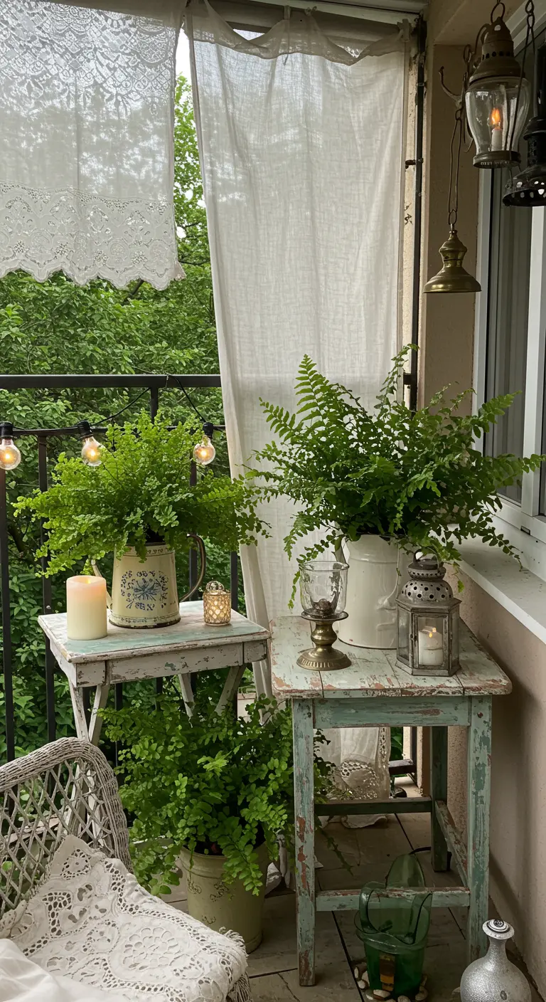 Shabby chic balcony with distressed painted tables, lace curtains, and ferns in pitchers.