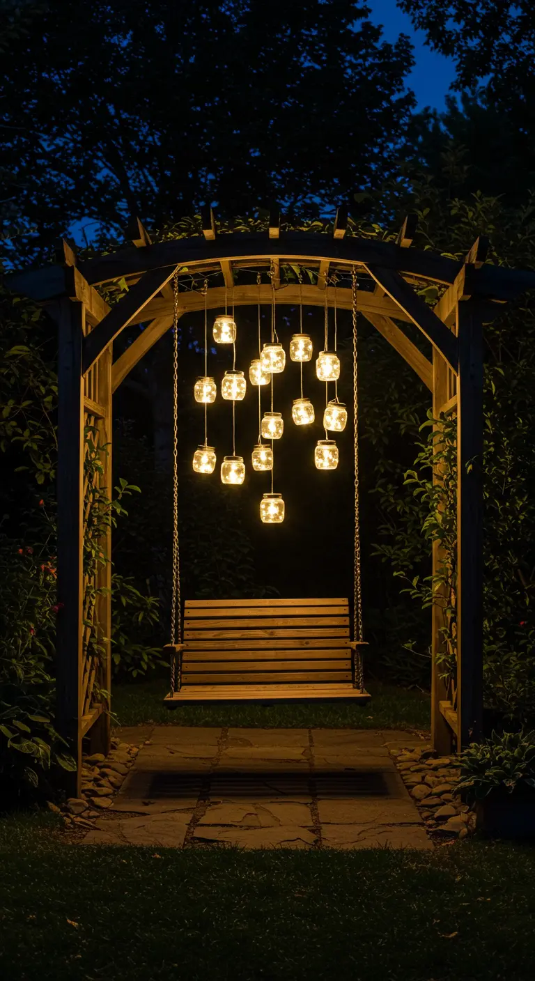 A wooden swing under an arbor, with a chandelier of solar jars hanging in front.