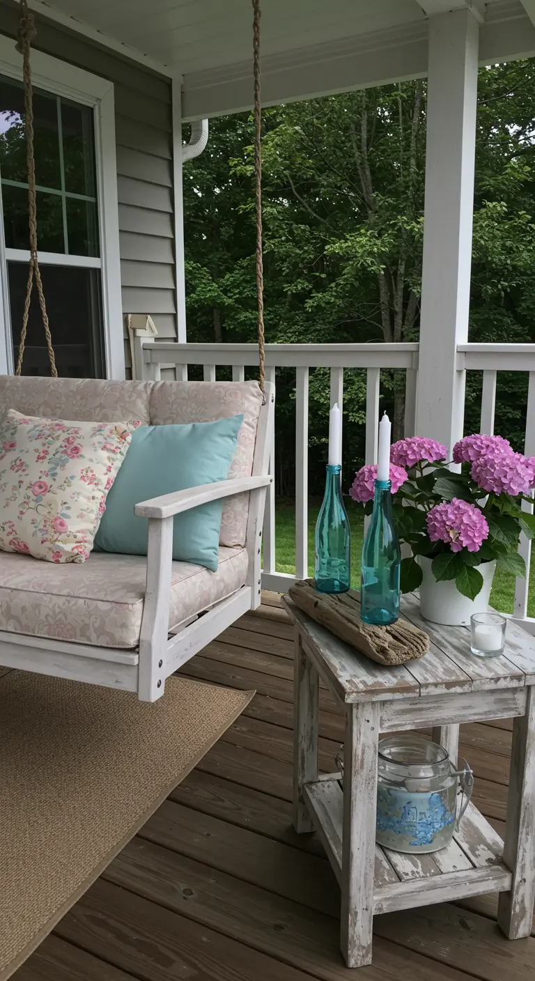 Driftwood and turquoise bottle candle holders on a side table next to a porch swing.