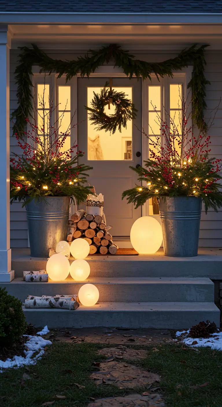 Symmetrical front porch with galvanized tubs, evergreens, red berries, and glowing orbs.