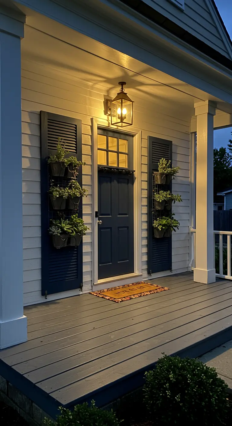 Dark blue shutters with succulent planters framing a home's front door at night.