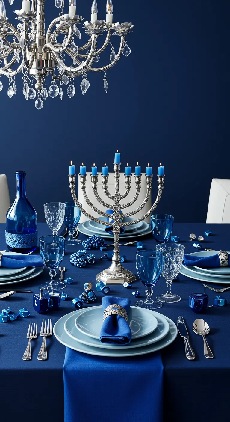 An elegant Hanukkah table dominated by shades of blue, with a silver menorah and crystal chandelier.