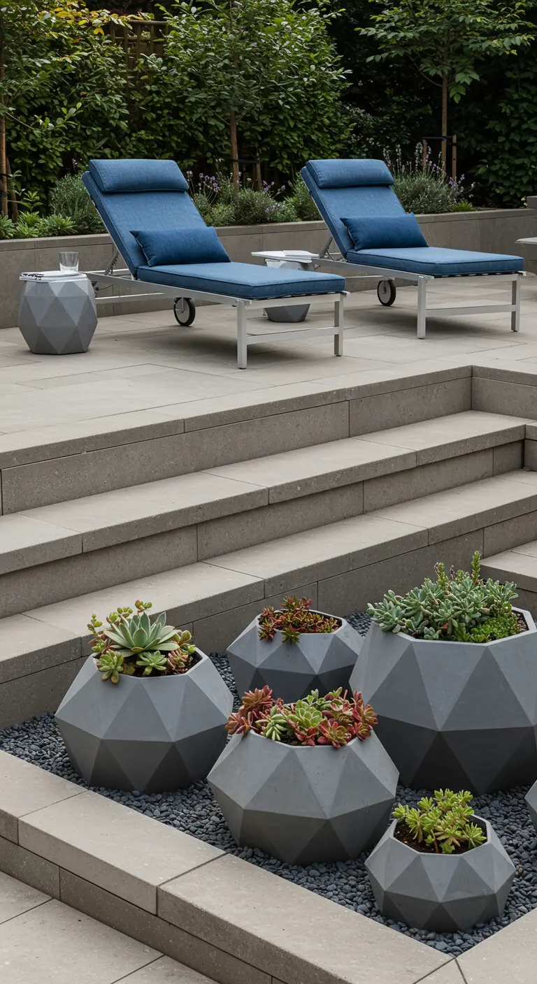 Blue-grey chaise lounges on a patio with multi-faceted grey geometric planters filled with succulents.