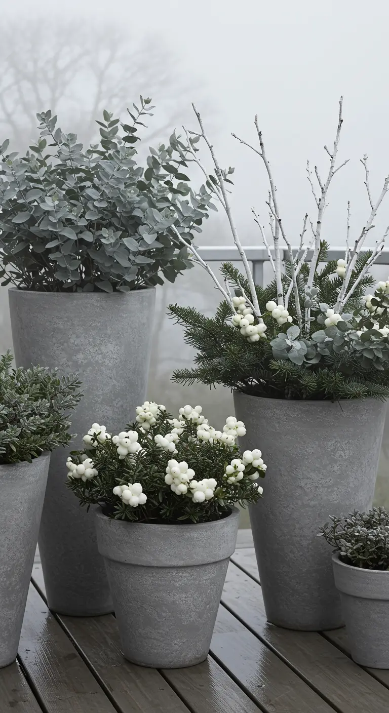 A grouping of grey concrete pots with eucalyptus, white berries, and white branches.
