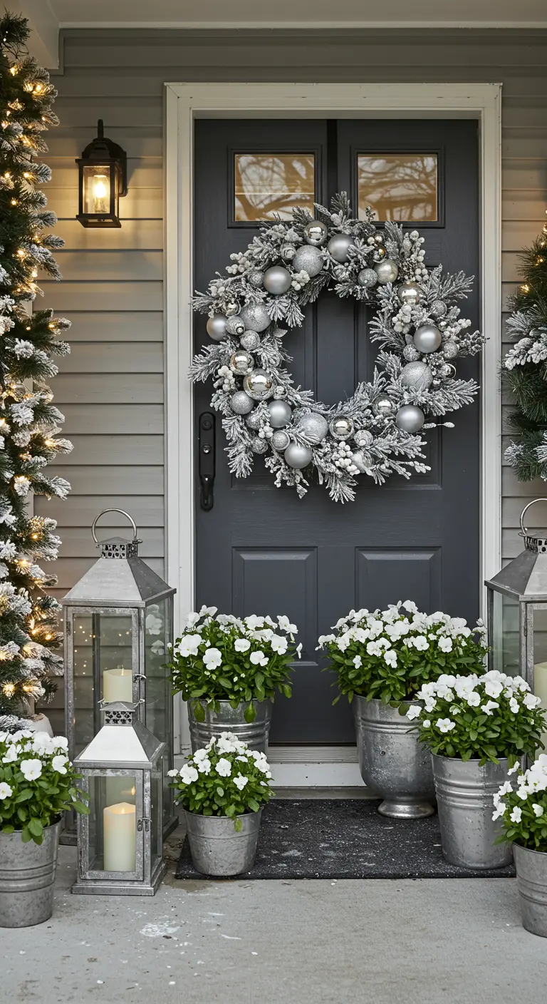 Gray house with a silver ornament wreath, flocked tree, and pots of white pansies.