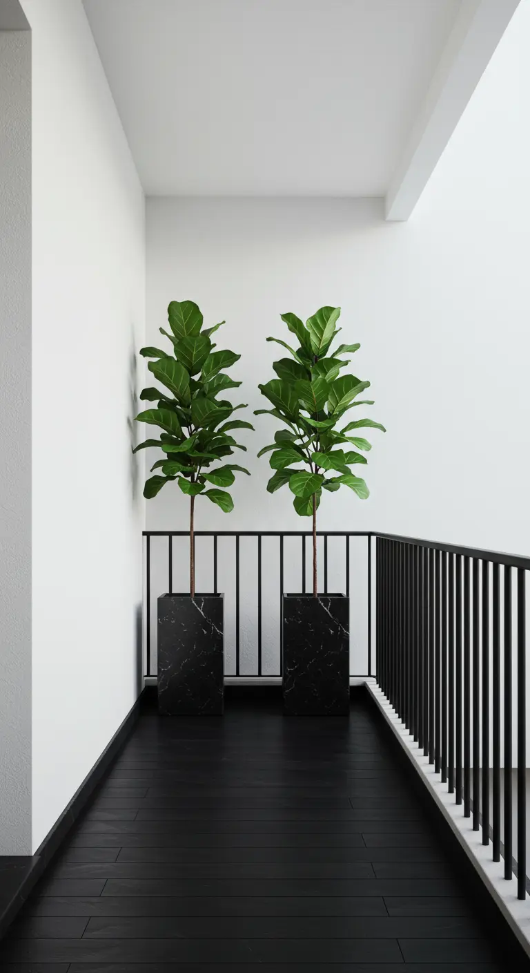 Two identical fiddle leaf figs in black marble planters on a dark-floored balcony.