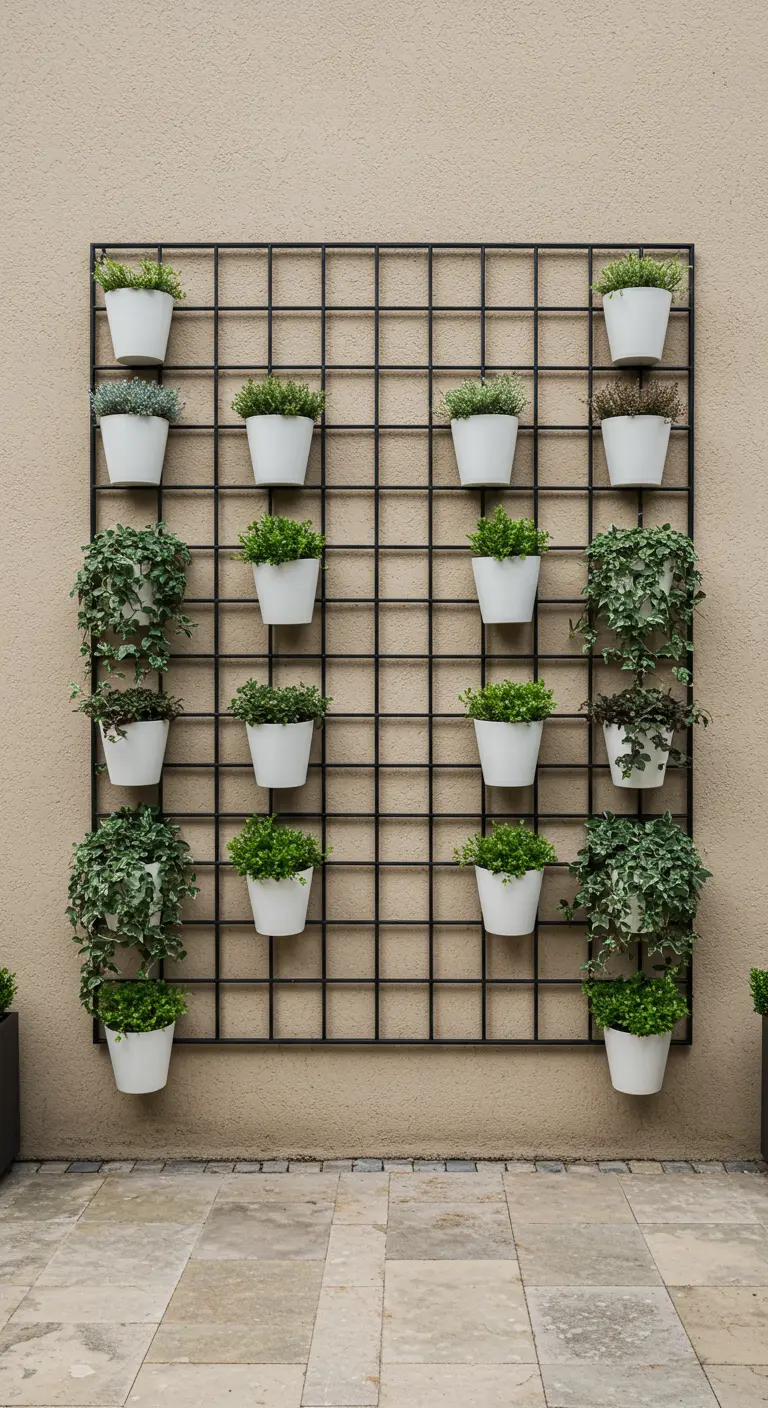 A symmetrical arrangement of white pots with greenery on a black grid against a beige wall.