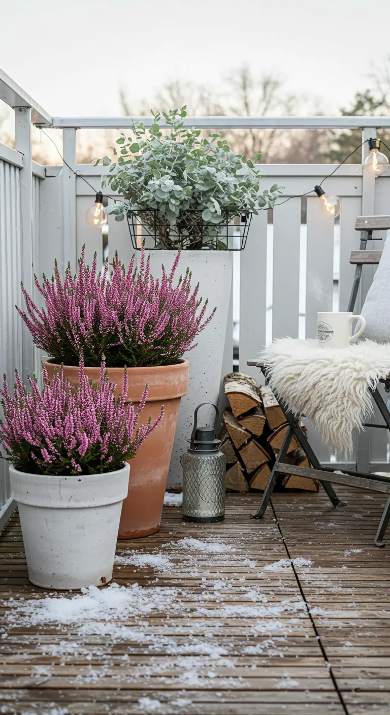 Pink heather and silvery eucalyptus in terracotta and concrete pots on a snowy balcony.