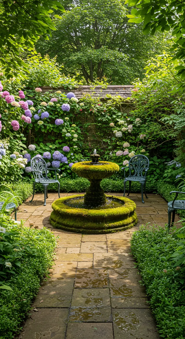 Mossy fountain in a courtyard framed by blooming pink and blue hydrangeas.