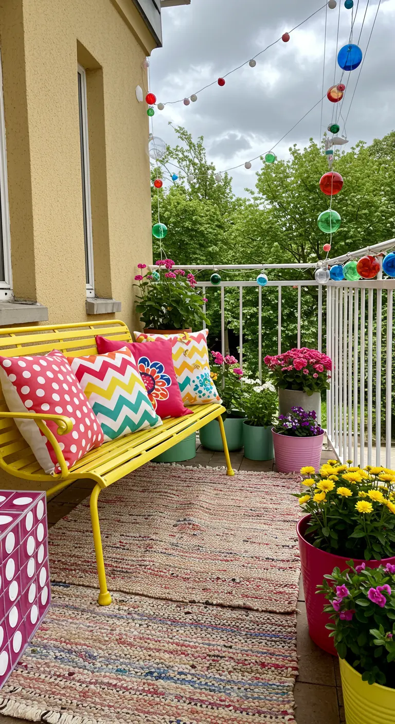 A brightly colored balcony with a yellow bench, rainbow pillows, pink pots, and a rag rug.