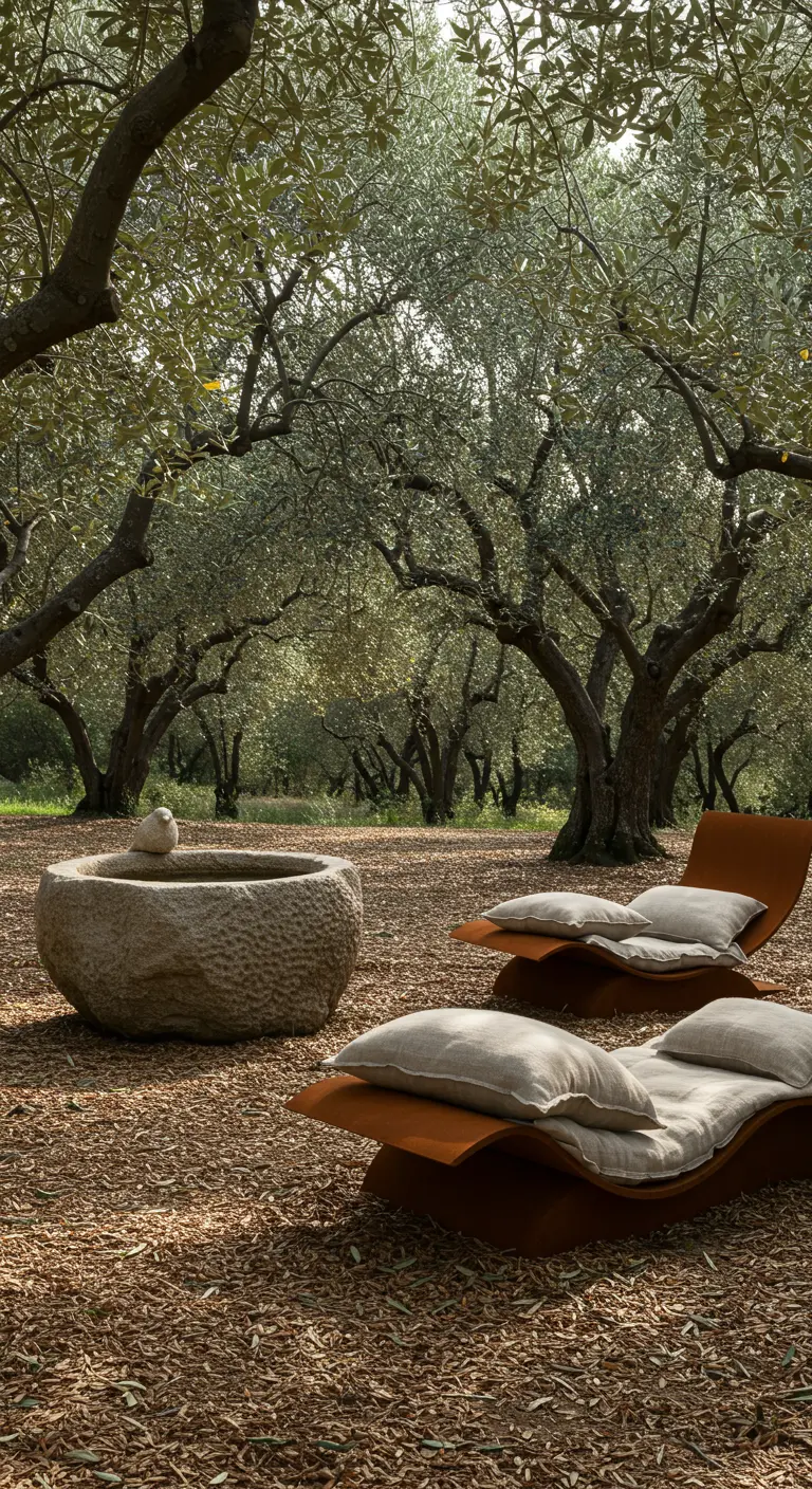 A rough stone water basin with modern ergonomic loungers on a bed of wood chips.