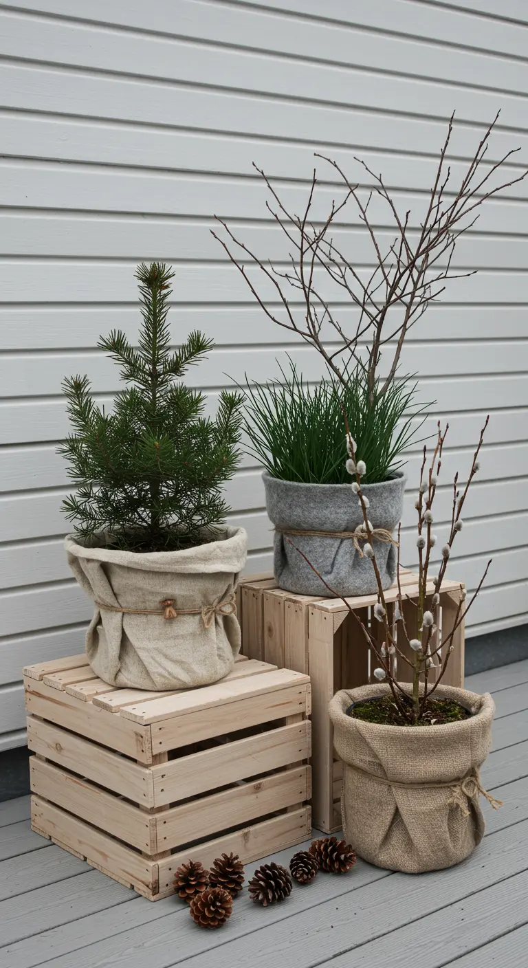 Stacked pale wood crates with plants in burlap and felt-wrapped pots, including a fir and pussy willow.