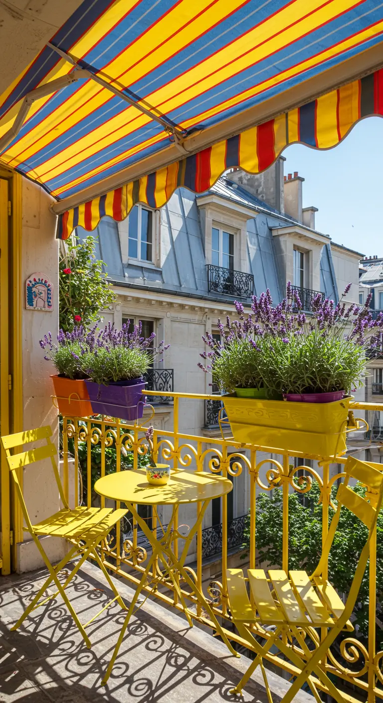 A very bright and colorful balcony with a yellow bistro set and yellow planters.
