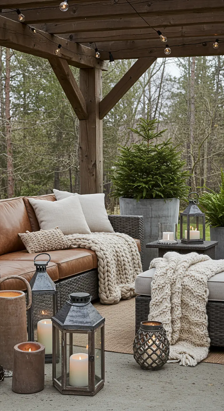 A covered patio with a leather sofa, layered knit blankets, and a variety of lanterns.