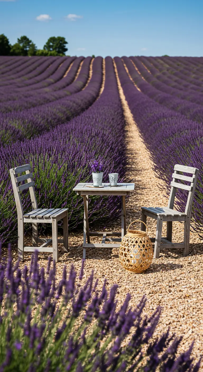 Small wooden table and chairs set amidst rows of lavender, with a wicker lantern on the ground.
