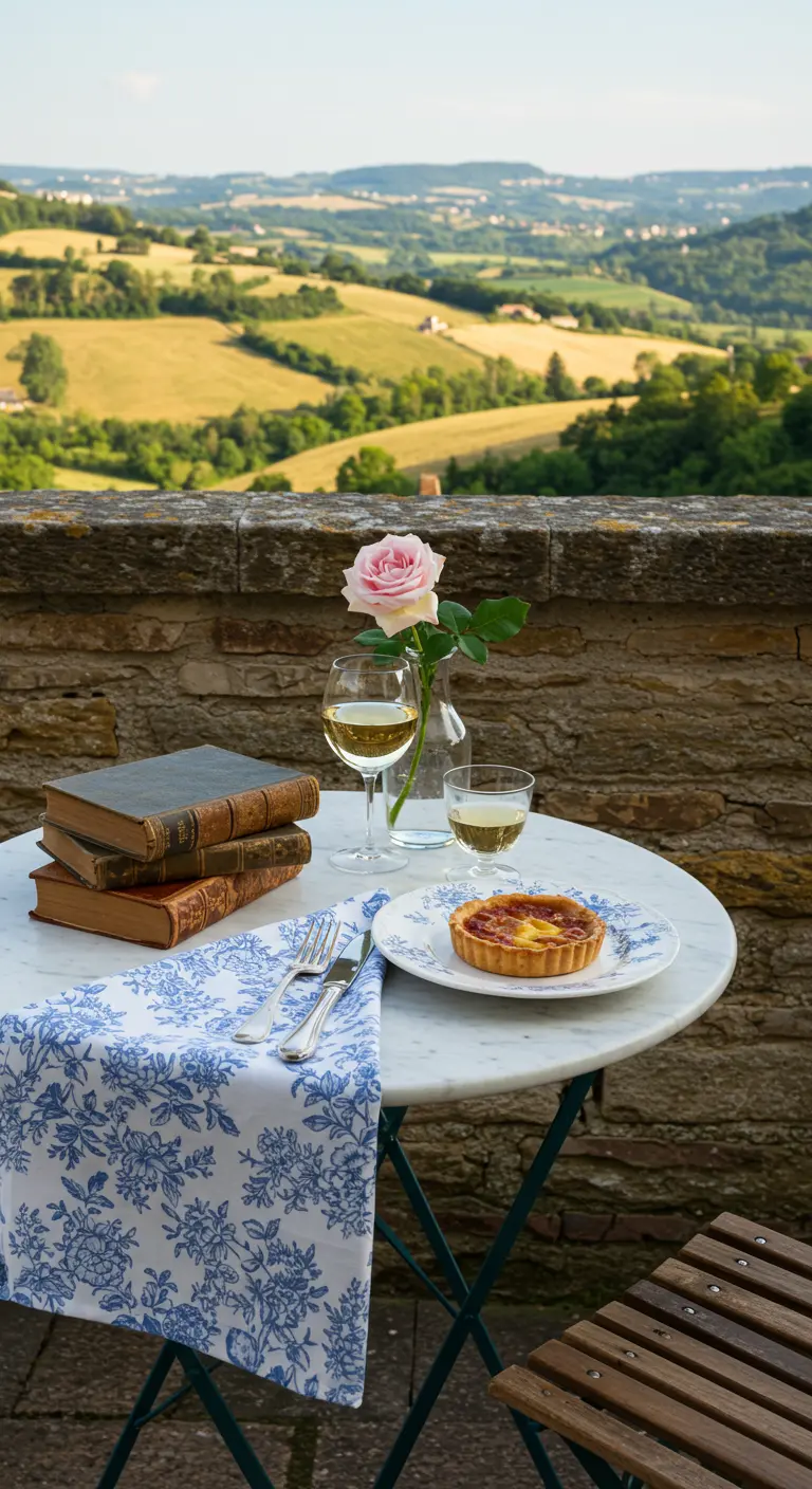Small bistro table on a balcony with books, a rose, and blue toile napkin.