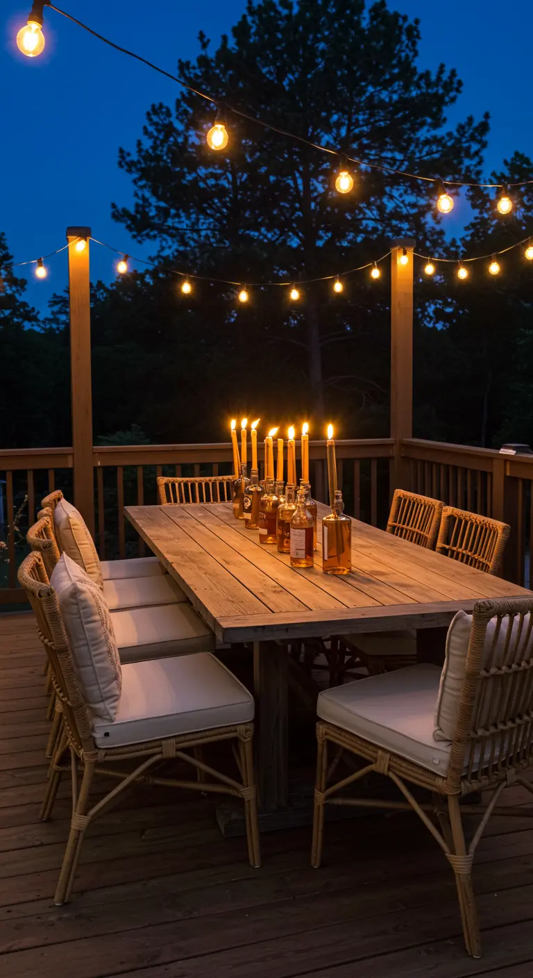 A wooden deck dining table with a row of spirit bottles turned into candle torches.