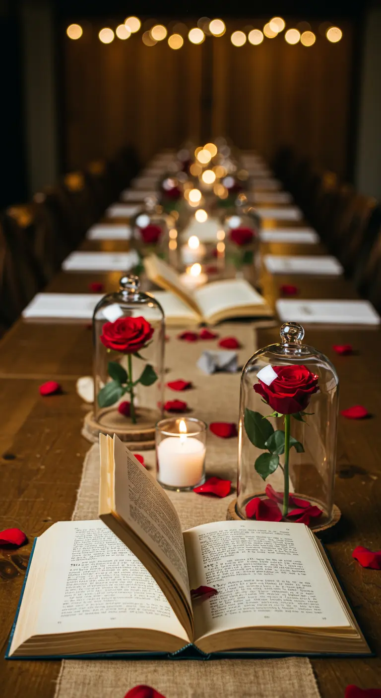 Single red roses under glass cloches on a wooden table with open books and candles.