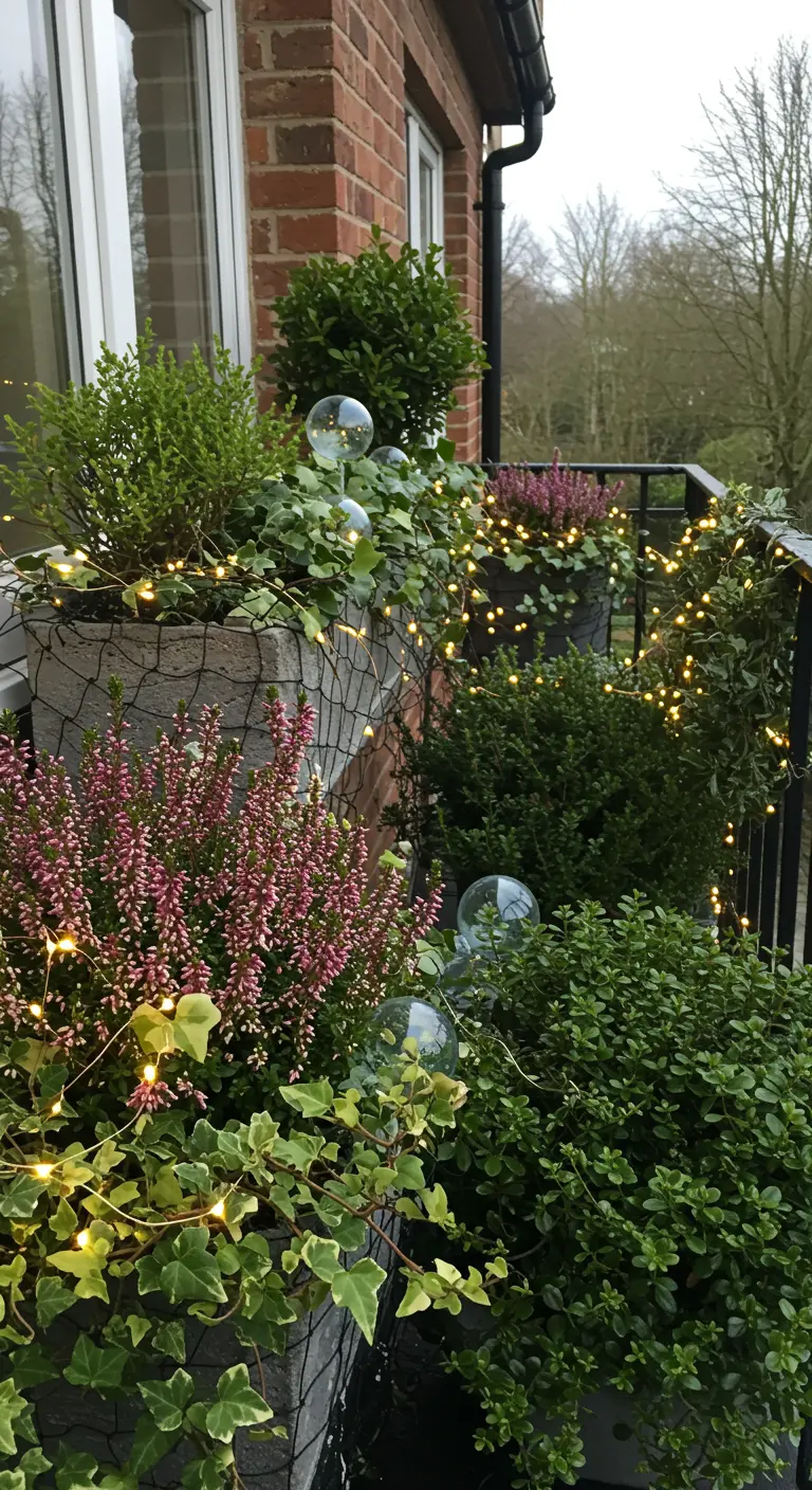 Lush winter planters with heather and ivy, interwoven with fairy lights.