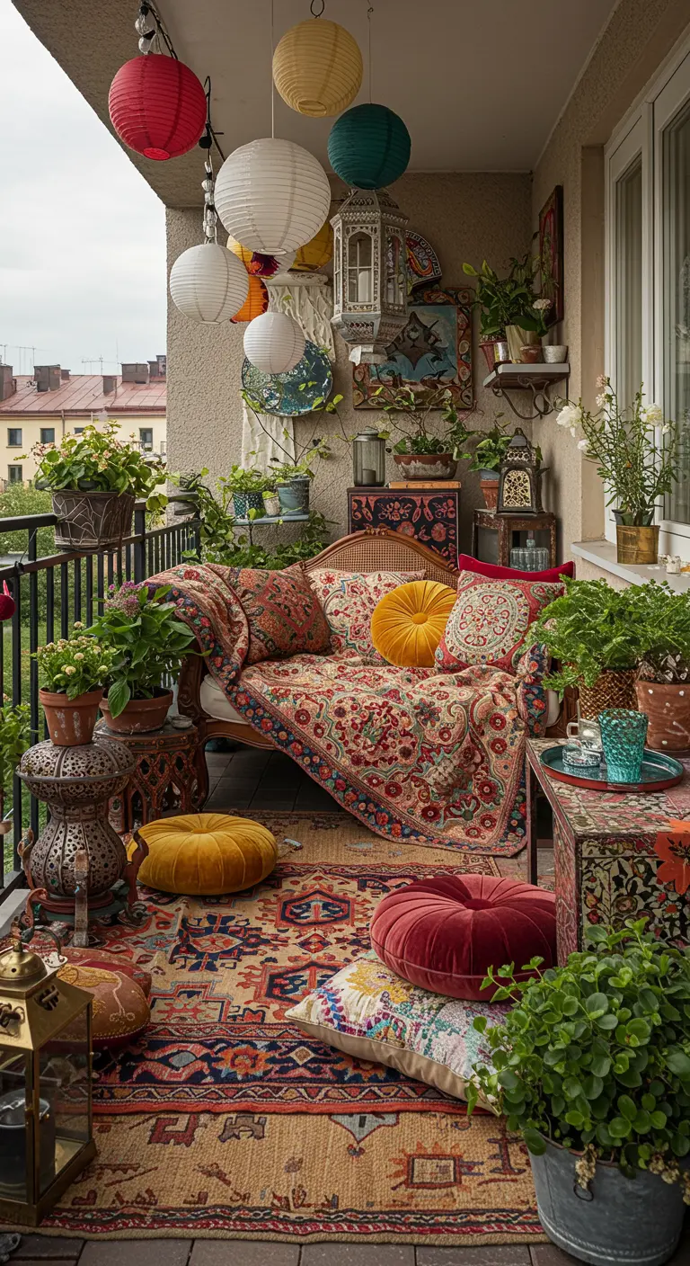 A cluttered, eclectic boho balcony with layered rugs, patterned throws, and colorful pillows.
